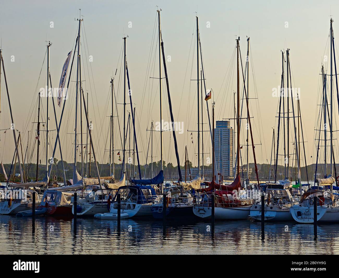 Sailing boats on the Schlei with Wikingturm, Schleswig, Schleswig-Flensburg District, Schleswig-Holstein, Germany, Stock Photo