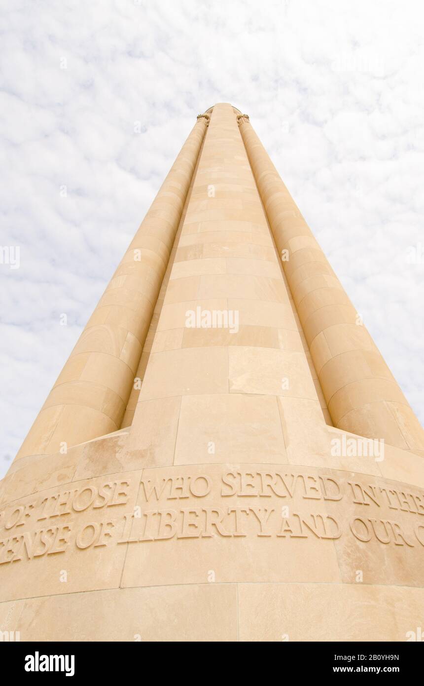 Liberty Memorial Tower Writing Close up at the  National World War I WWI Museum and Memorial in Kansas City, MO Stock Photo