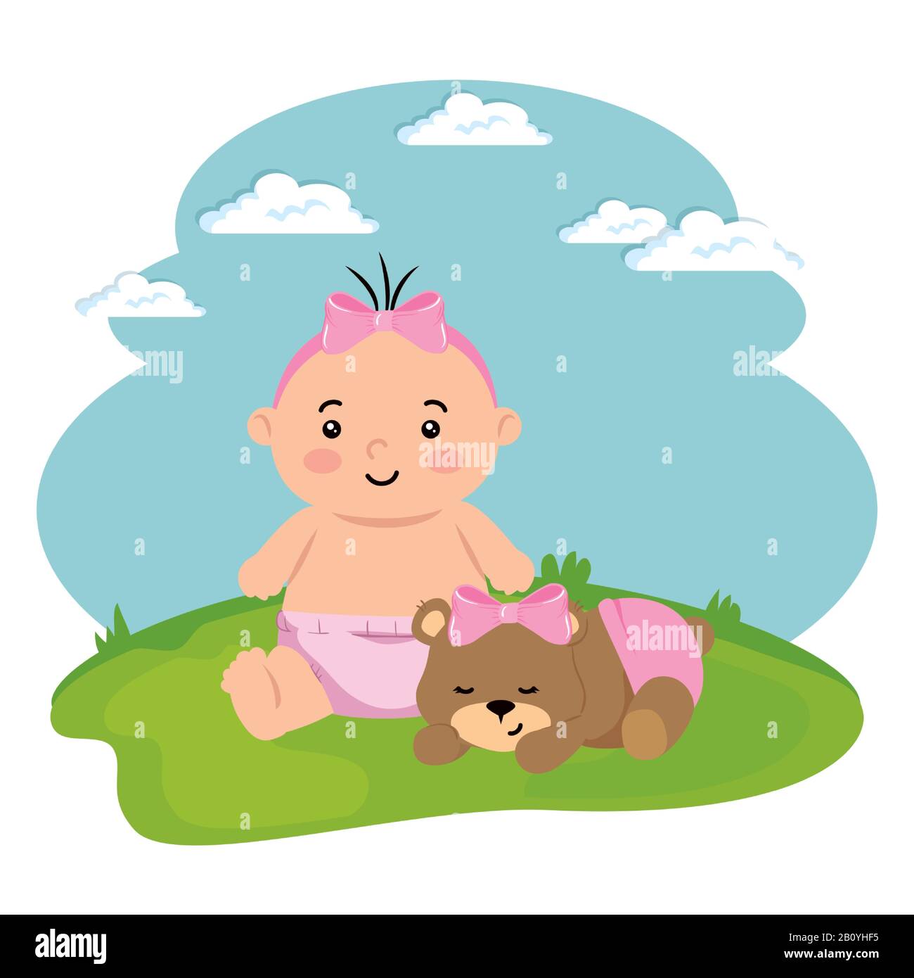 cute little baby girl with teddy bear in landscape Stock Vector Image ...