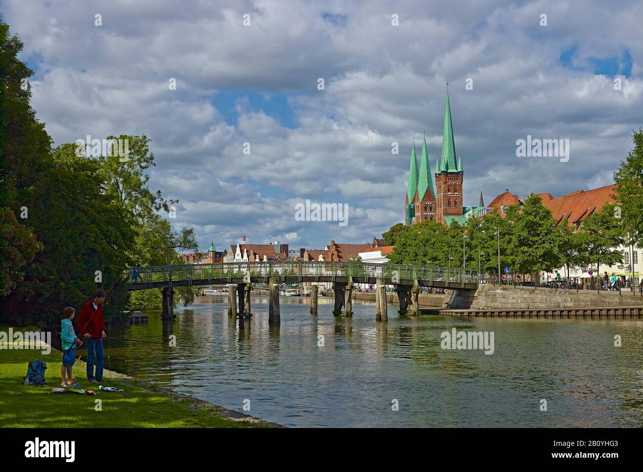 Panoramic view over the Obertrave to the Church of St. Mary and St. Peter, Hanseatic City of Luebeck, Schleswig-Holstein, Germany, Stock Photo