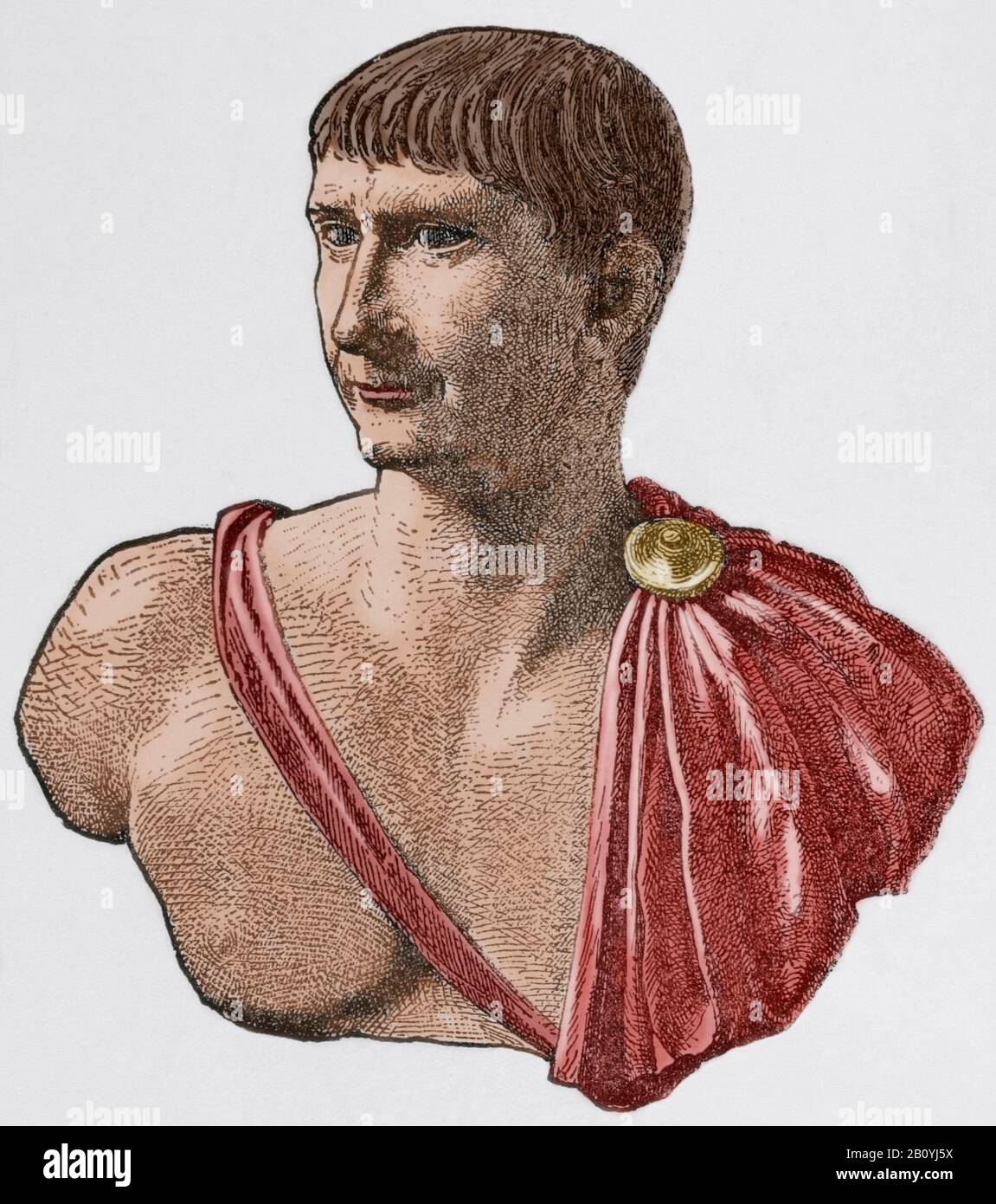 Trajan (53-117). Roman emperor (98-117). Engraving. Museo Militar, 1883. Later colouration. Stock Photo