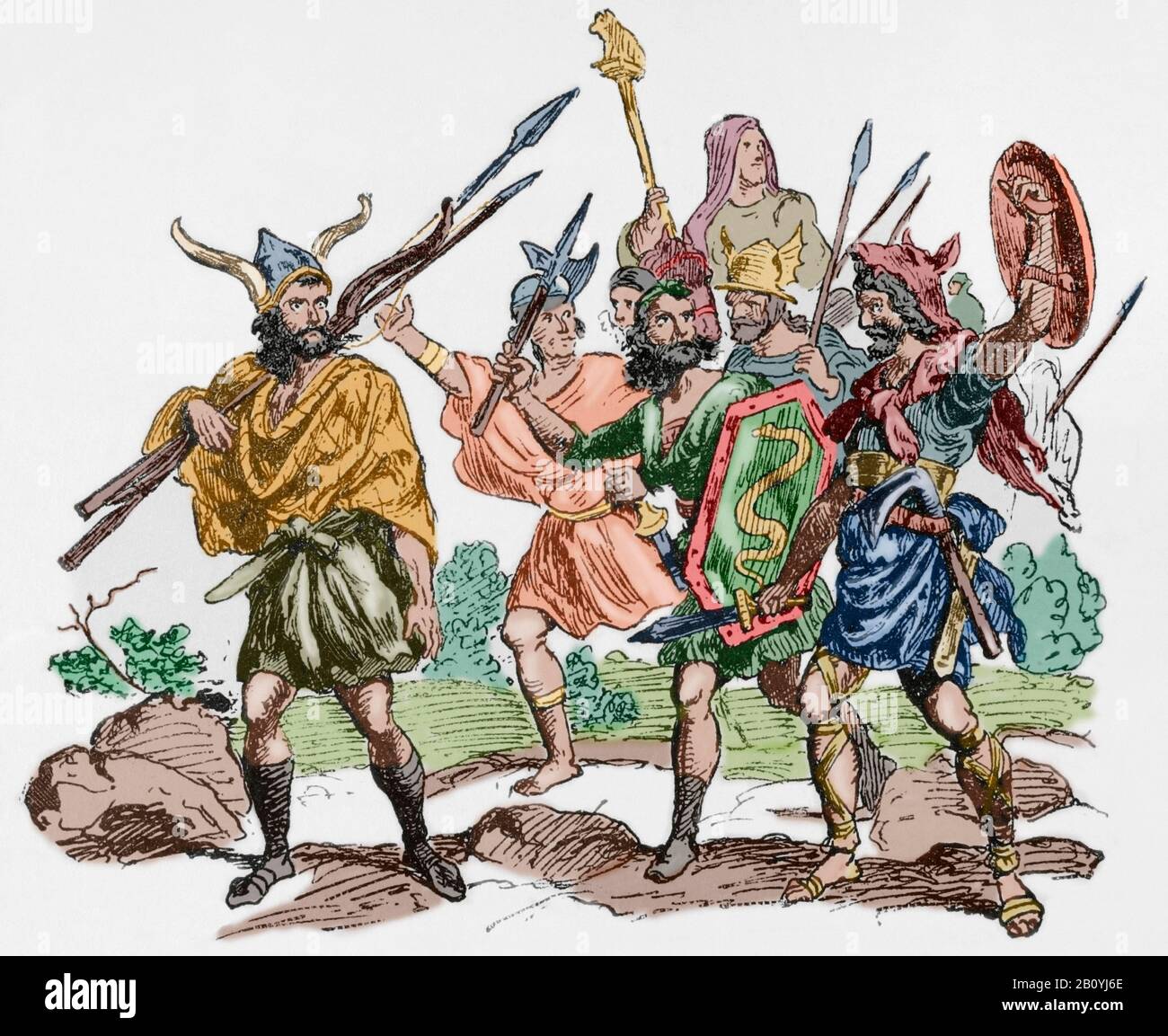 Ancient Age. Northern Barbarians. Engraving. Museo Militar, 1883. Later colouration. Stock Photo
