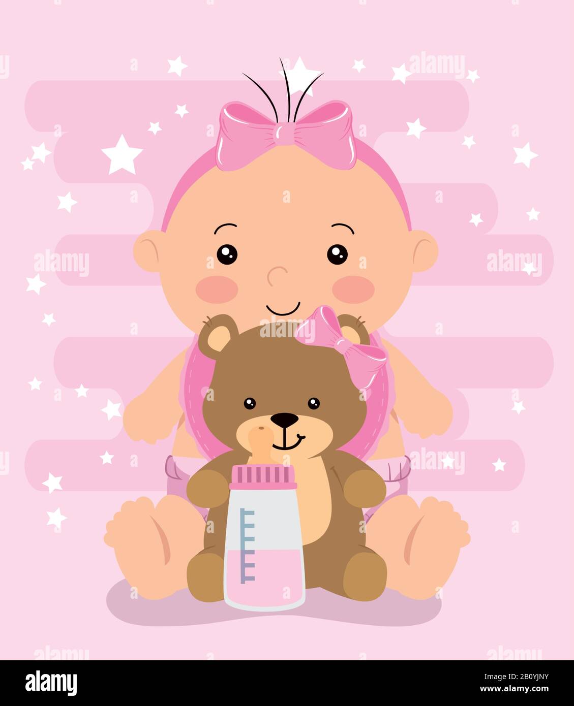 cute little baby girl with teddy bear and bottle milk Stock Vector ...