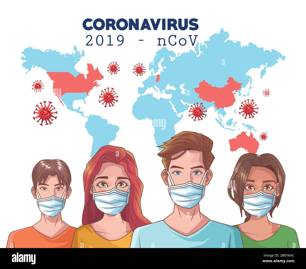 coronavirus infographic with people using mask and world map Stock Vector