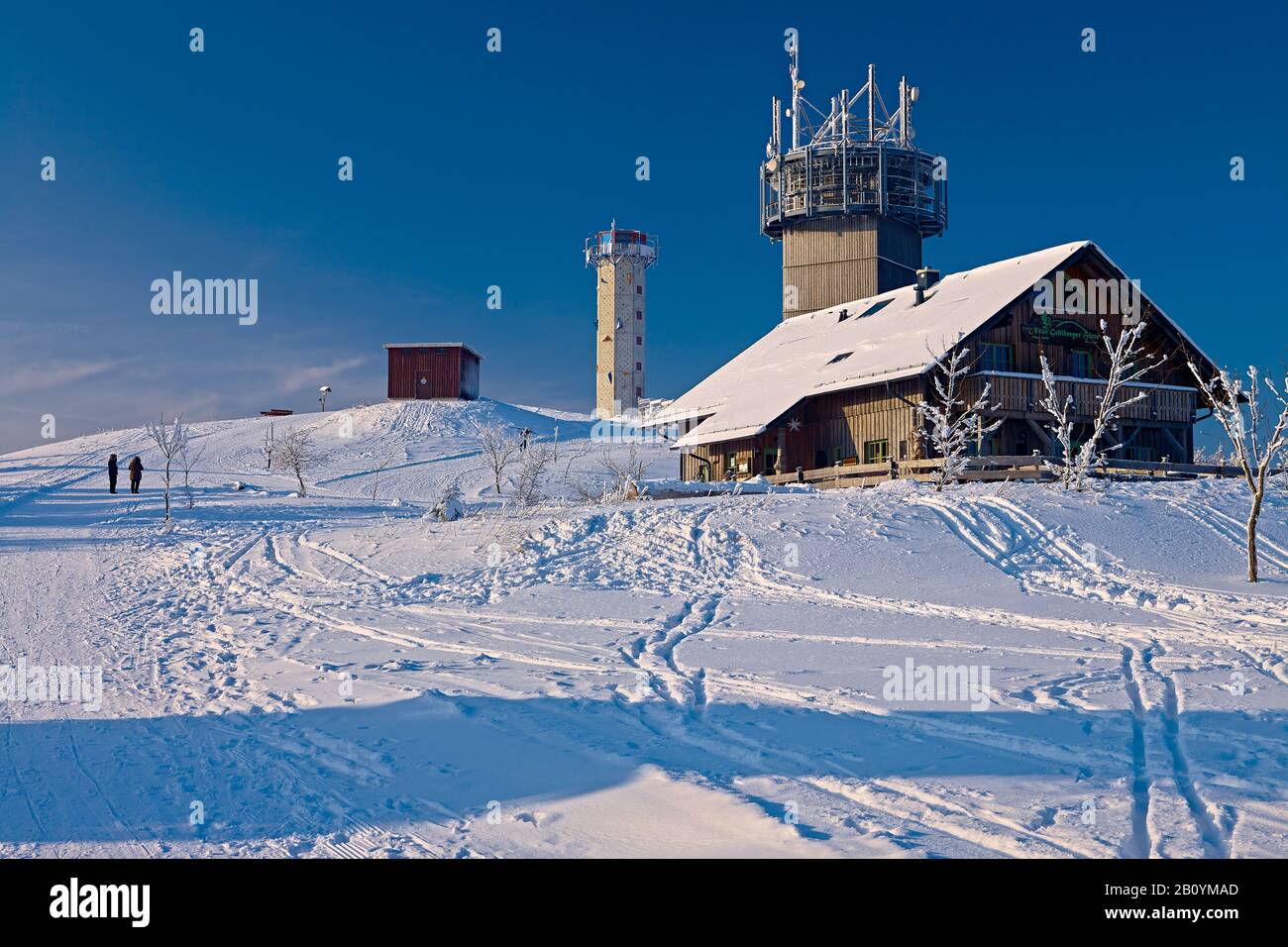 Schneekopf with radio tower and Gehlberger hut near Schmücke, Ilmkreis, Thuringia, Germany, Stock Photo