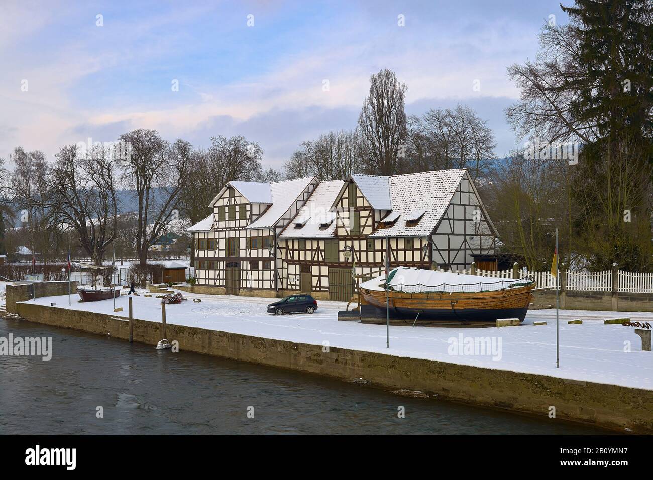 Old harbour at the Schlagd of Wanfried, Werra-Meissner district, Hesse, Germany, Stock Photo