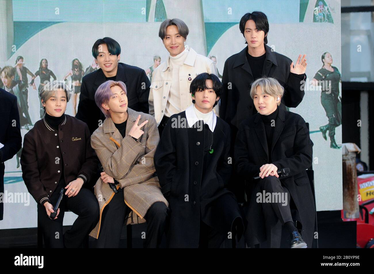 New York City, United States. 21st Feb, 2020. (L-R) Jimin (Park Jimin),  Jungkook (Jeon Jeongguk), Rap Monster (Kim Nanjoon), J-Hope (Jung Hoseok), V  (Kim Taehyung), Jin (Kim Seokjin) and SUGA (Min Yoongi)