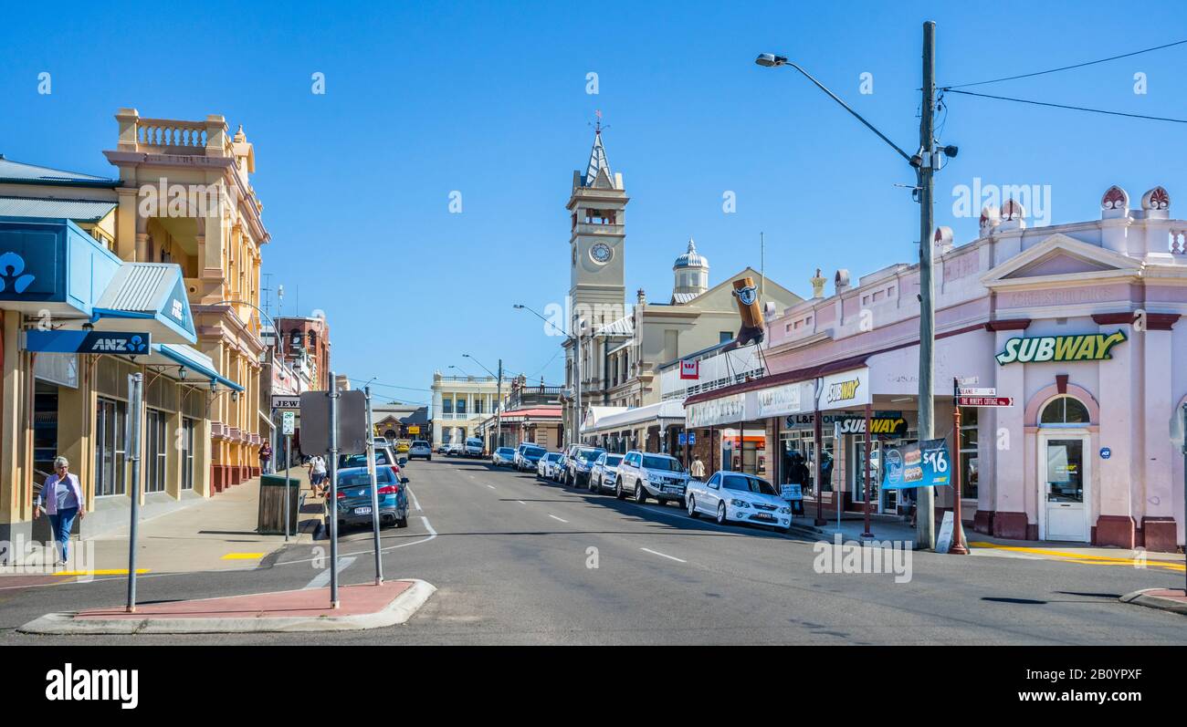view of Gill Street with Charters Towers distinct Post Office clock tower in the heart of Charters Towers' conservation area, Northern Queensland, Aus Stock Photo