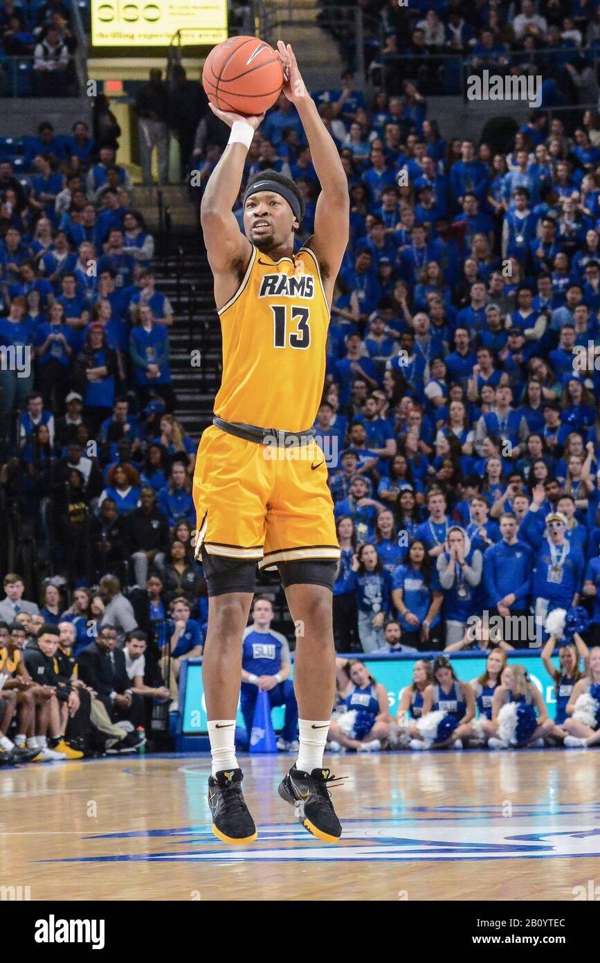 St. Louis, Missouri, USA. 21st Feb, 2020. Feb 21, 2020: Virginia Commonwealth Rams guard Malik Crowfield (13) takes a free throw jump shot in an Atlantic 10 conference game where the VCU Rams visited the St. Louis Billikens. Held at Chaifetz Arena in St. Louis, MO Richard Ulreich/CSM Credit: Cal Sport Media/Alamy Live News Stock Photo