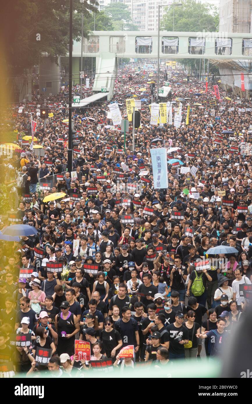 Hong Kong, 16 June 2019 - Hong Kong protest crowd parade against extradition law. Stock Photo