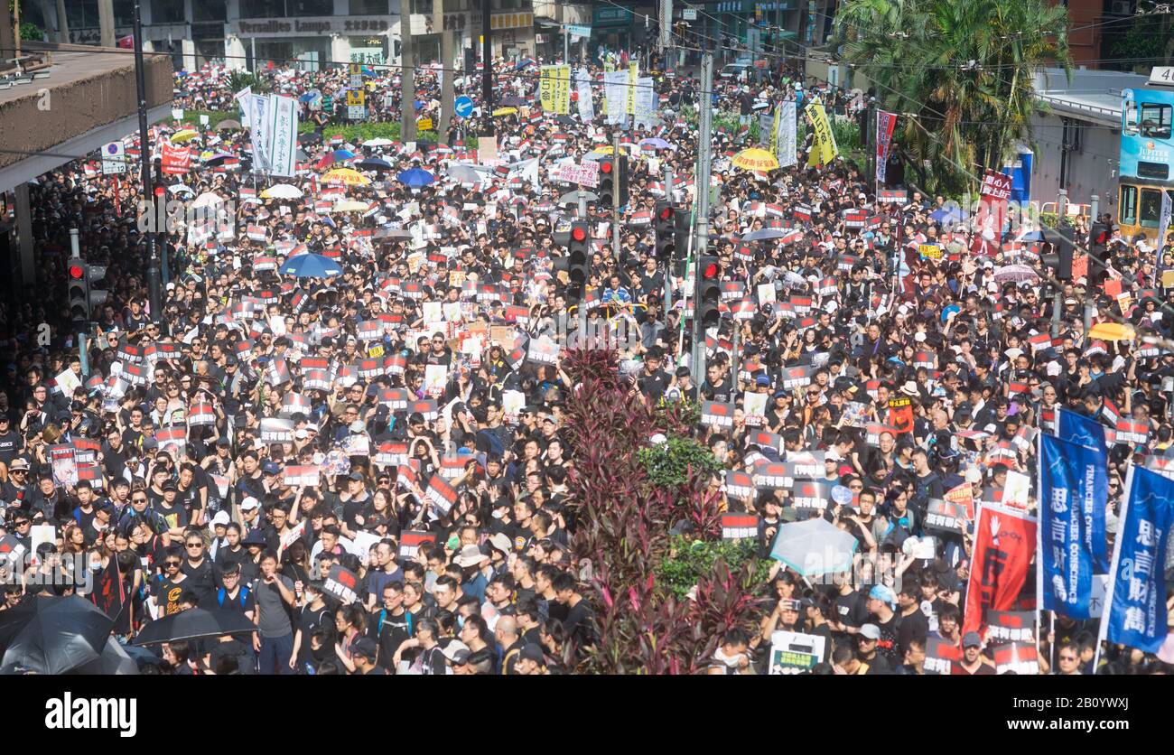 Hong Kong, 16 June 2019 - Hong Kong protest crowd parade against extradition law. Stock Photo