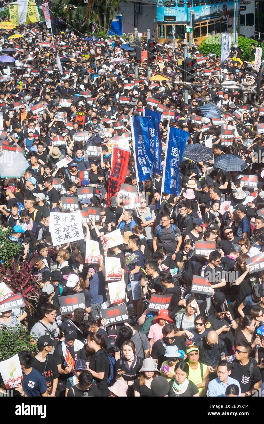 Hong Kong, 16 June 2019 - Hong Kong protest crowd parade against extradition law. Stock Photo