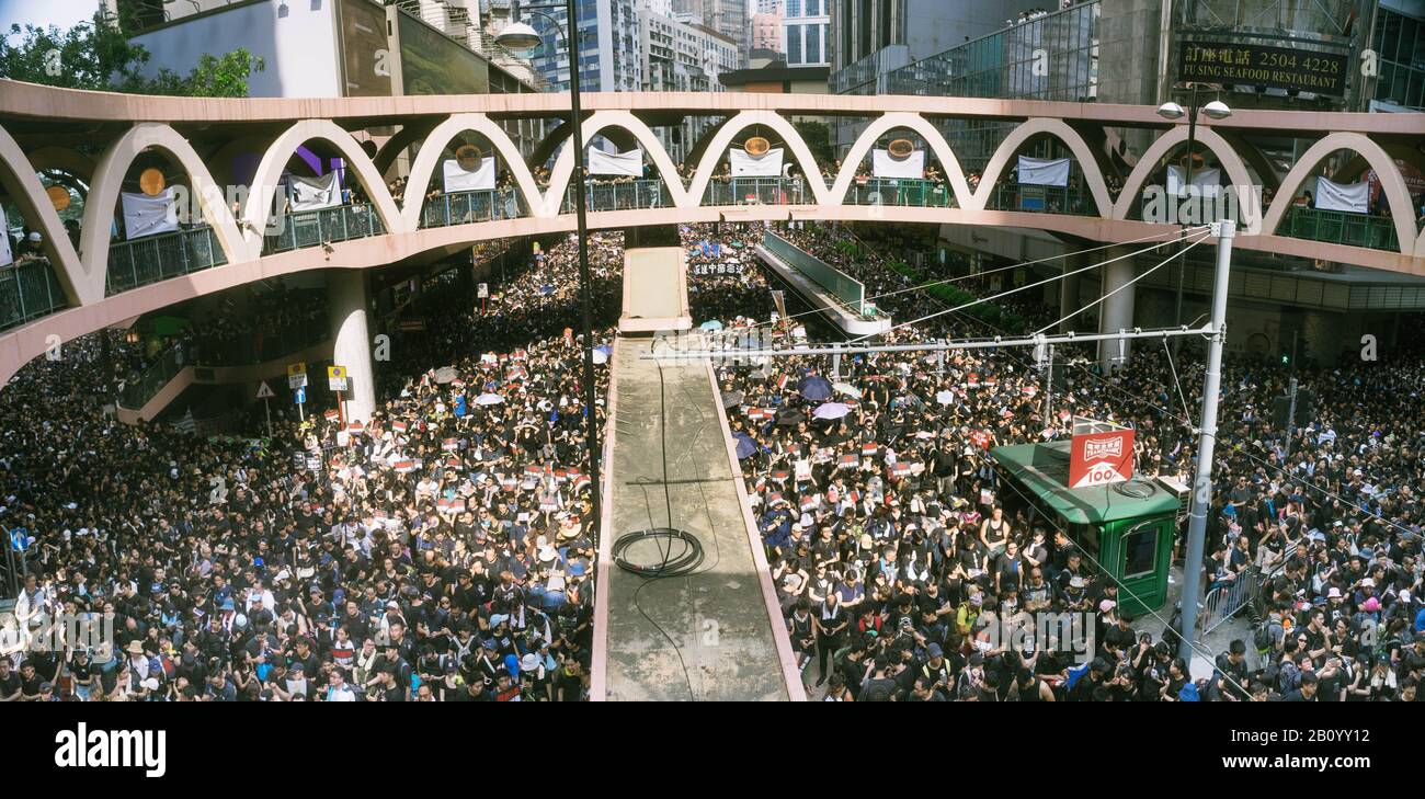 Hong Kong, 16 June 2019 - Hong Kong protest crowd parade against extradition law. Stock Photo