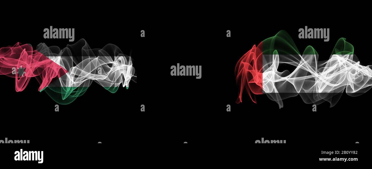 Flags of Jordan and UAE on Black background, Jordan vs United Arab