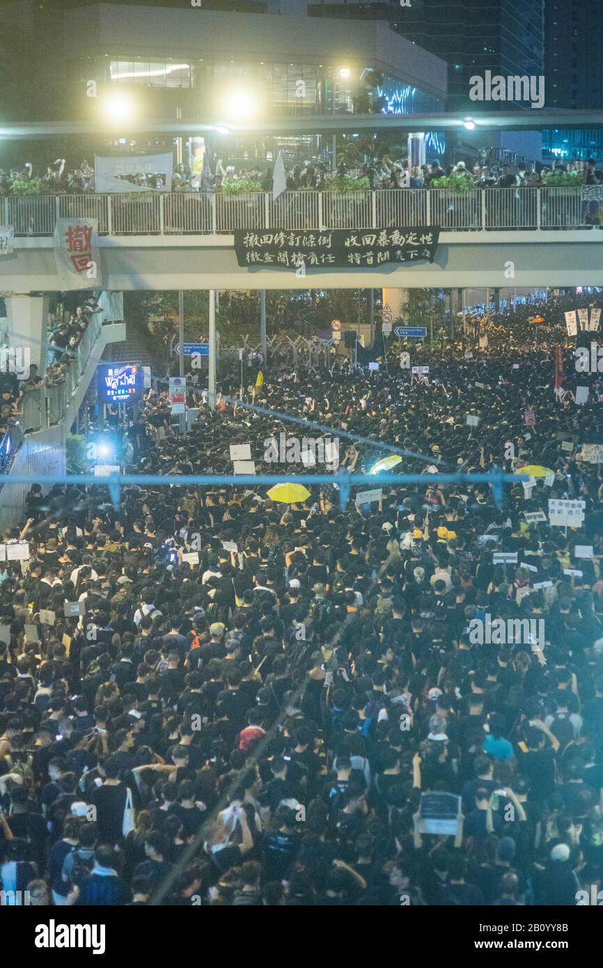 Hong Kong, 16 June 2019 - Hong Kong protest crowd parade against extradition law. Stock Photo