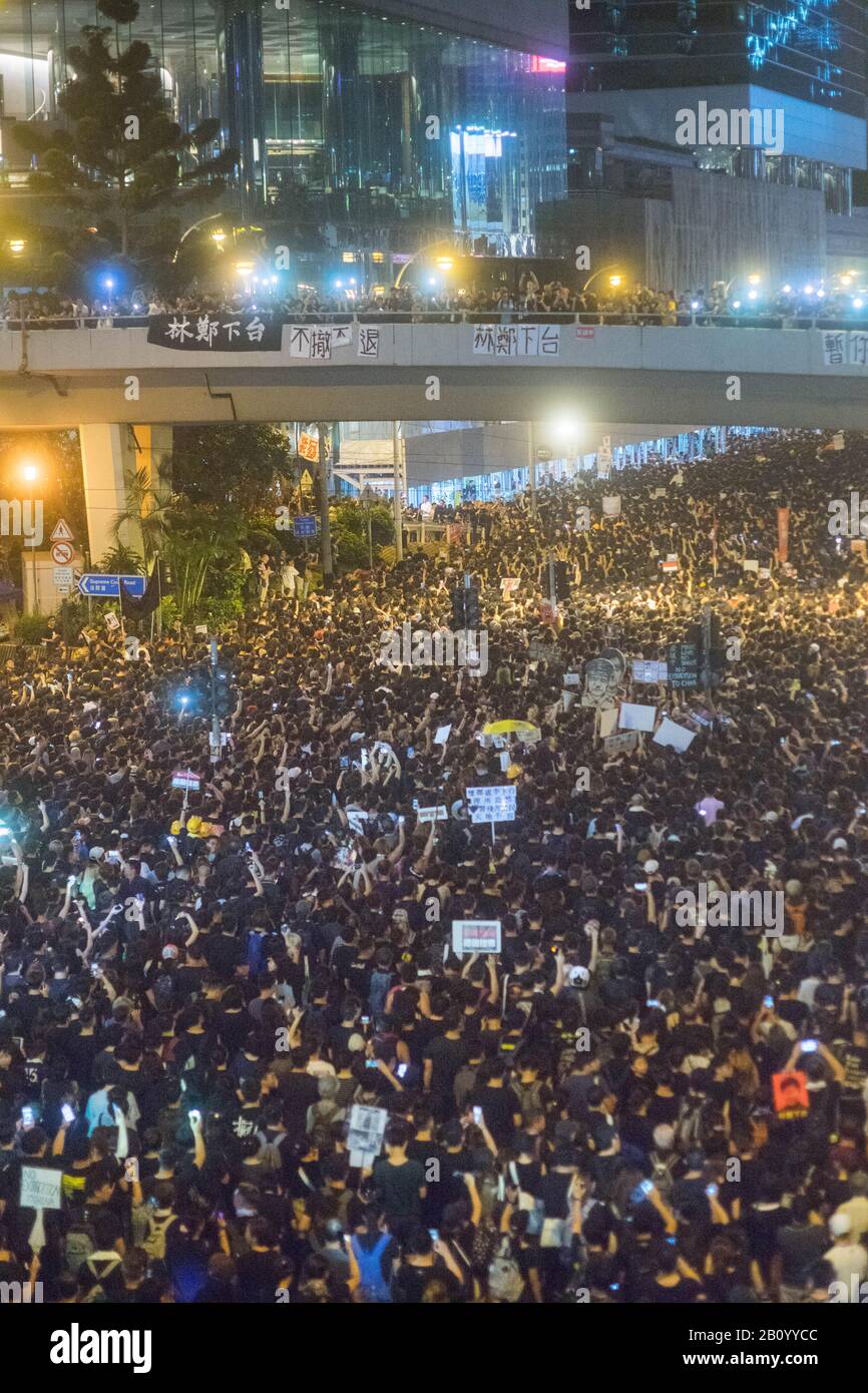Hong Kong, 16 June 2019 - Hong Kong protest crowd parade against extradition law. Stock Photo