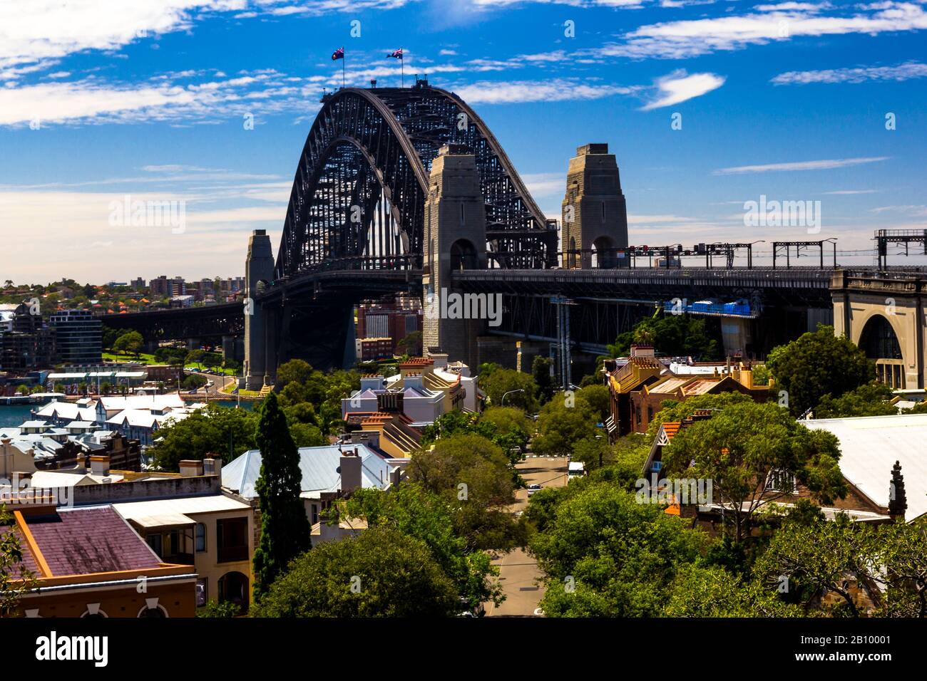 The Harbor Bridge majestically spans the harbor, Sydney, Australia Stock Photo
