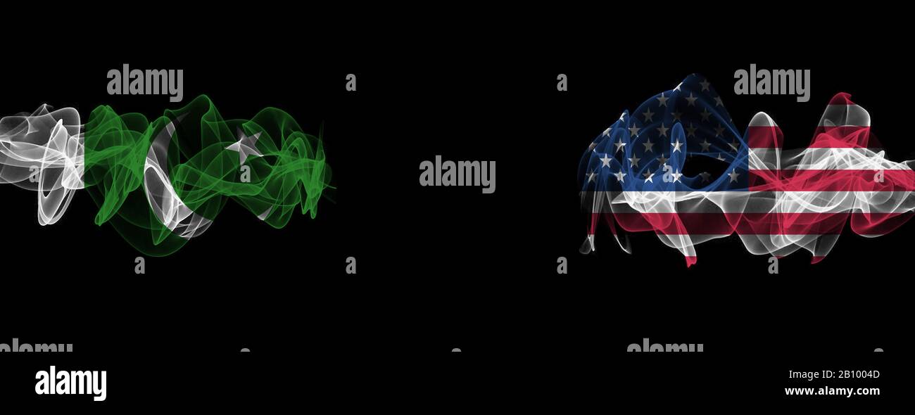 Flags of Pakistan and USA on Black background, Pakistan vs USA Smoke Flags Stock Photo
