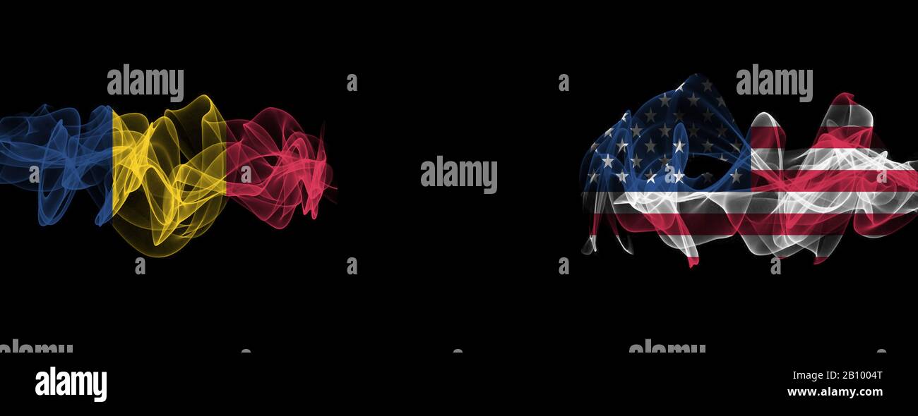 Flags of Romania and USA on Black background, Romania vs USA Smoke