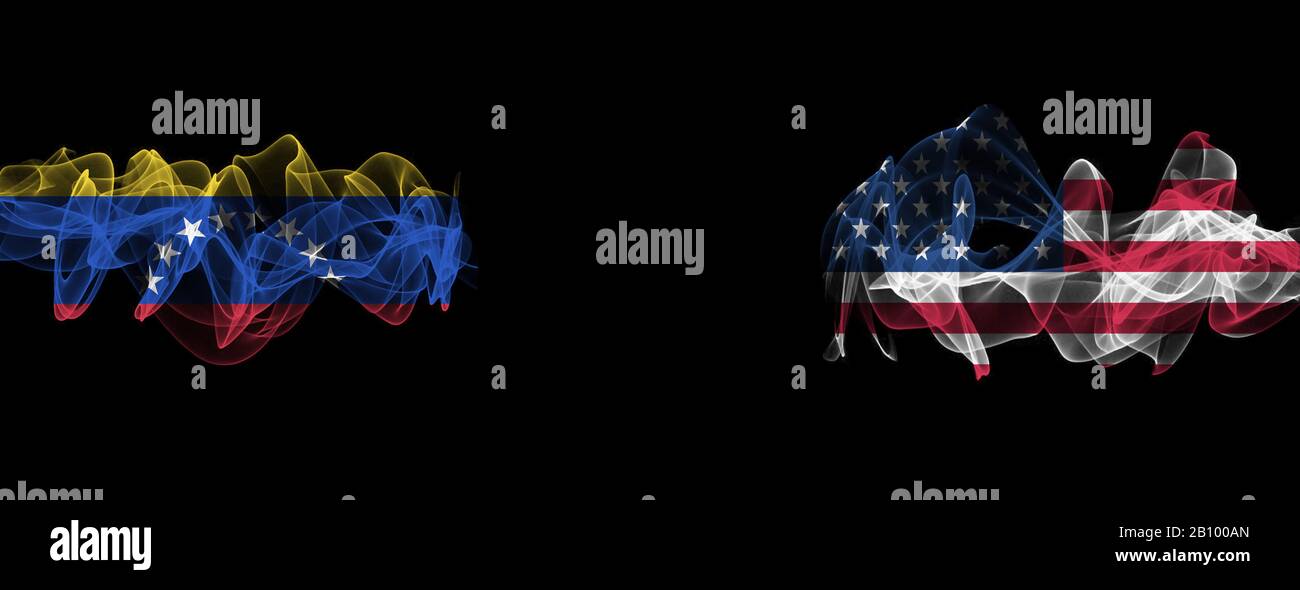 Flags of Venezuela and USA on Black background, Venezuela vs USA Smoke