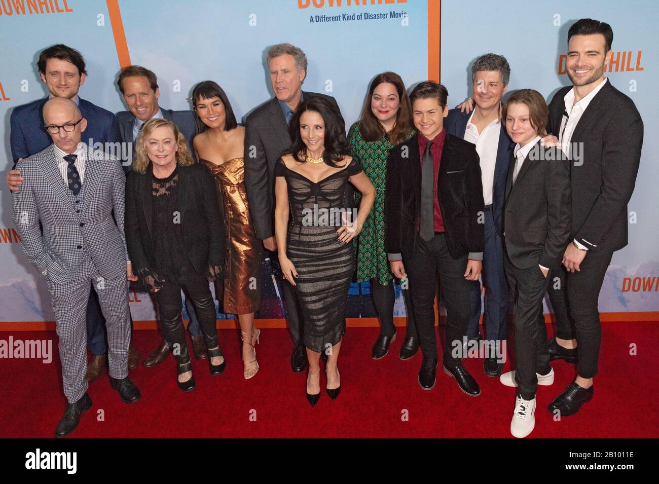 (L-R) Jim Rash, guest, Nat Faxon, Zoe Chao, Will Ferrell, Julia Louis-Dreyfus, Stefani Azpiazu, Ammon Jacob Ford, Anthony Bregman, Julian Grey and Giulio Berruti attend the premiere of 'Downhill' at SVA Theater in New York City. Stock Photo