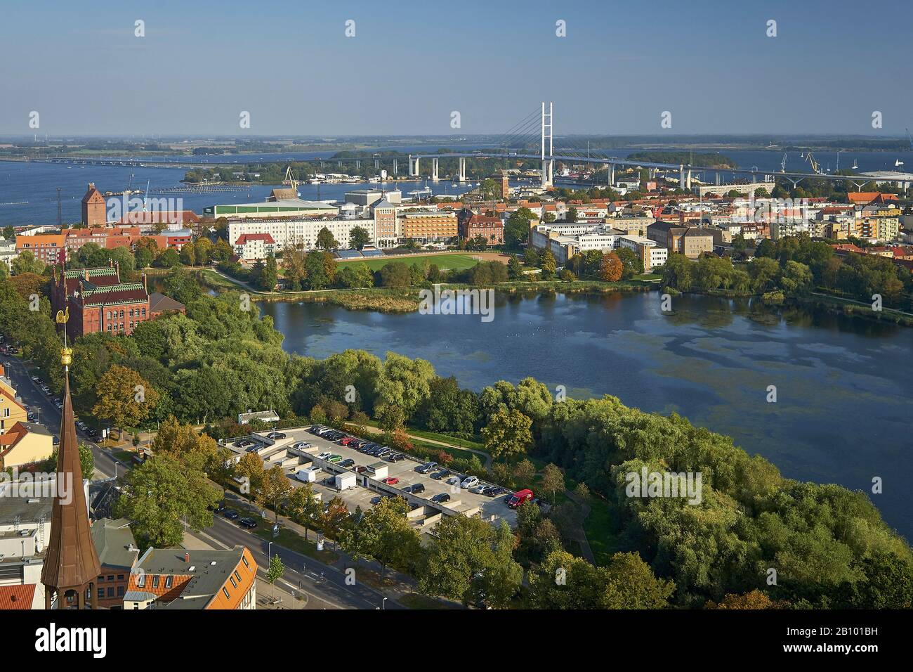 View from St. Mary's Church to the Rügen Bridge and the island of Dänholm in the Strelasund, Stralsund, Mecklenburg-Vorpommern, Germany Stock Photo