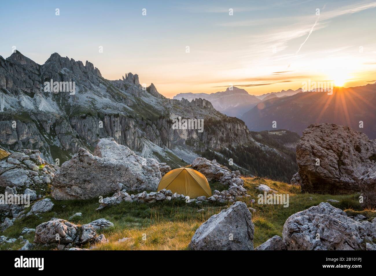 Sunrise at the Zigolade Pass, Rosengarten, Dolomites, South Tyrol, Italy Stock Photo