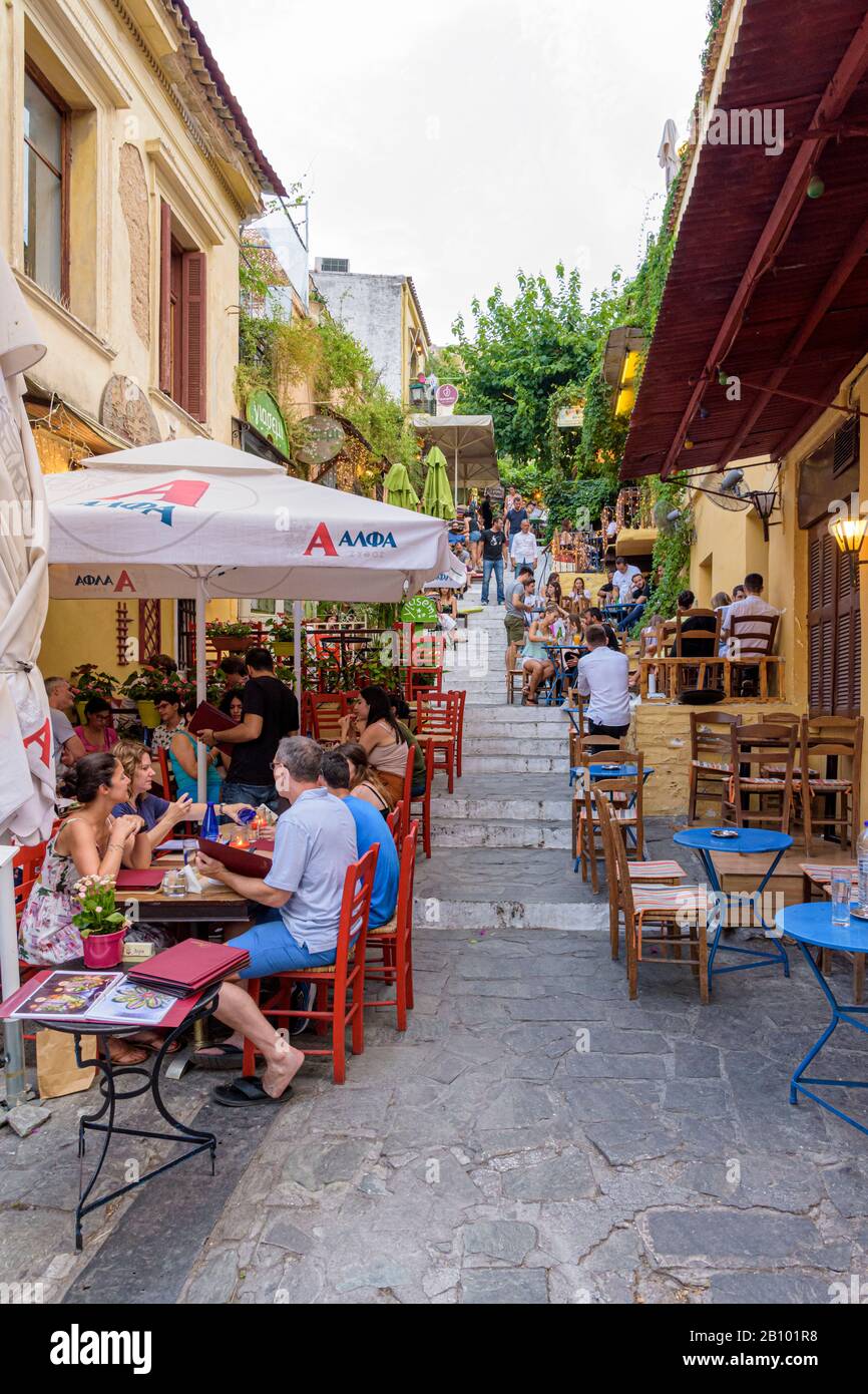 Busy cafes and restaurants in the Plaka area of Athens, Greece Stock Photo