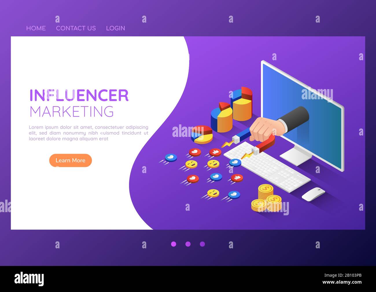 3d isometric web banner businessman hand with magnet attracting social media icon. Social media influencer marketing landing page concept. Stock Vector