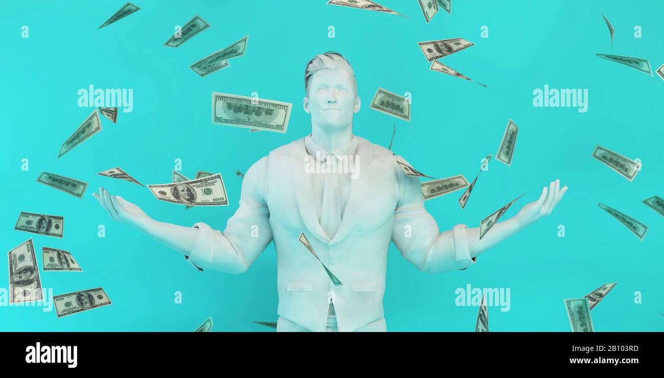 Money Falling From the Sky with Caucasian Business Man Stock Photo - Alamy
