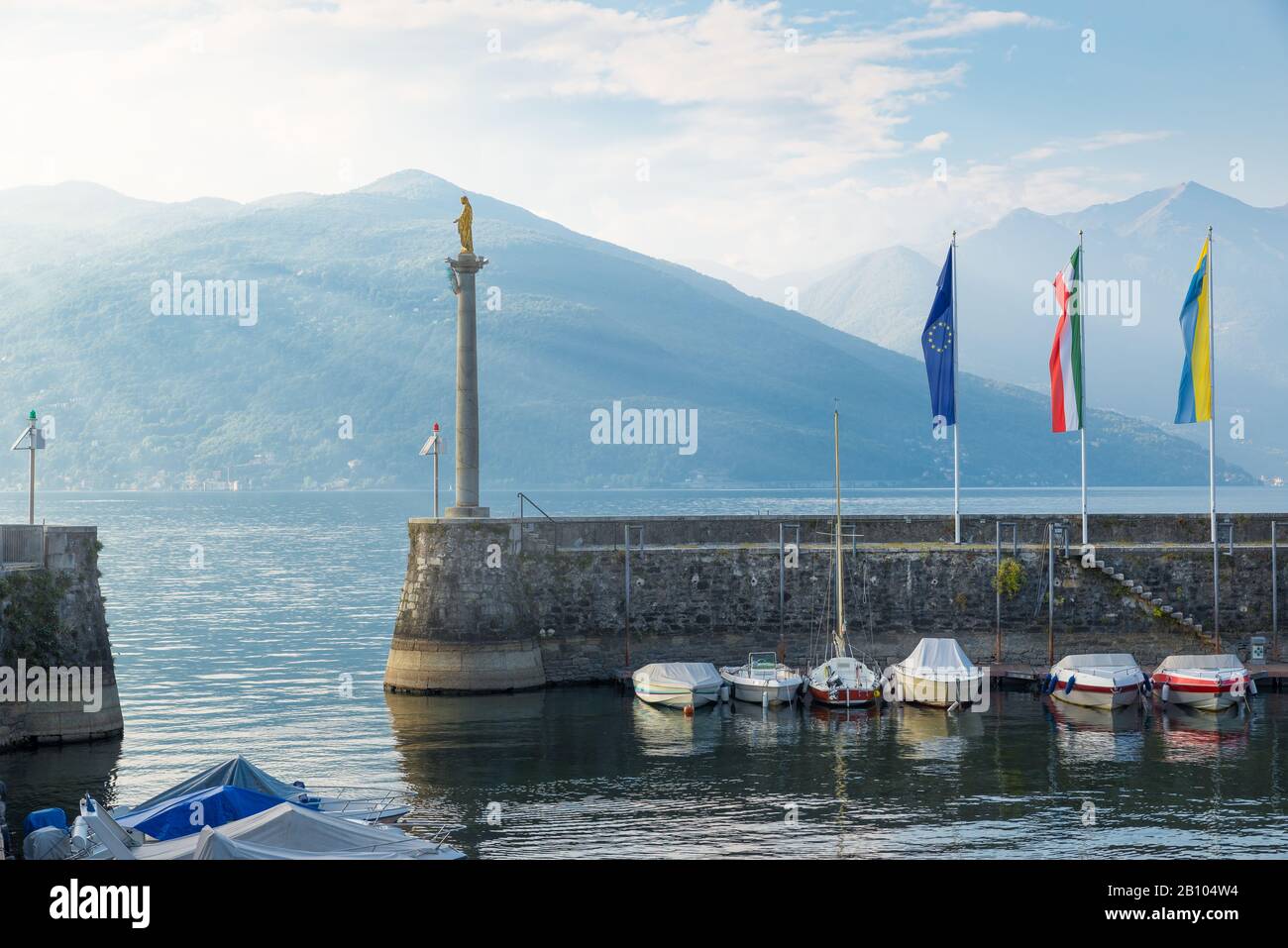 Harbor on lake. Luino town on Lake Maggiore, Italy. Tourism concept Stock Photo