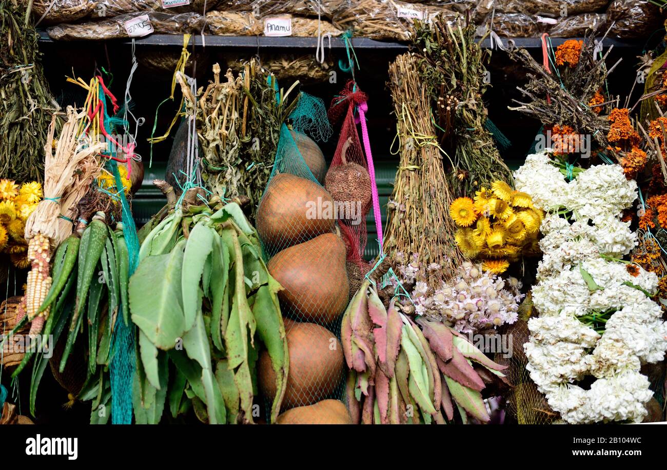 Traditional natural Colombian medicine market, dried herbs, plants and flowers for sale in