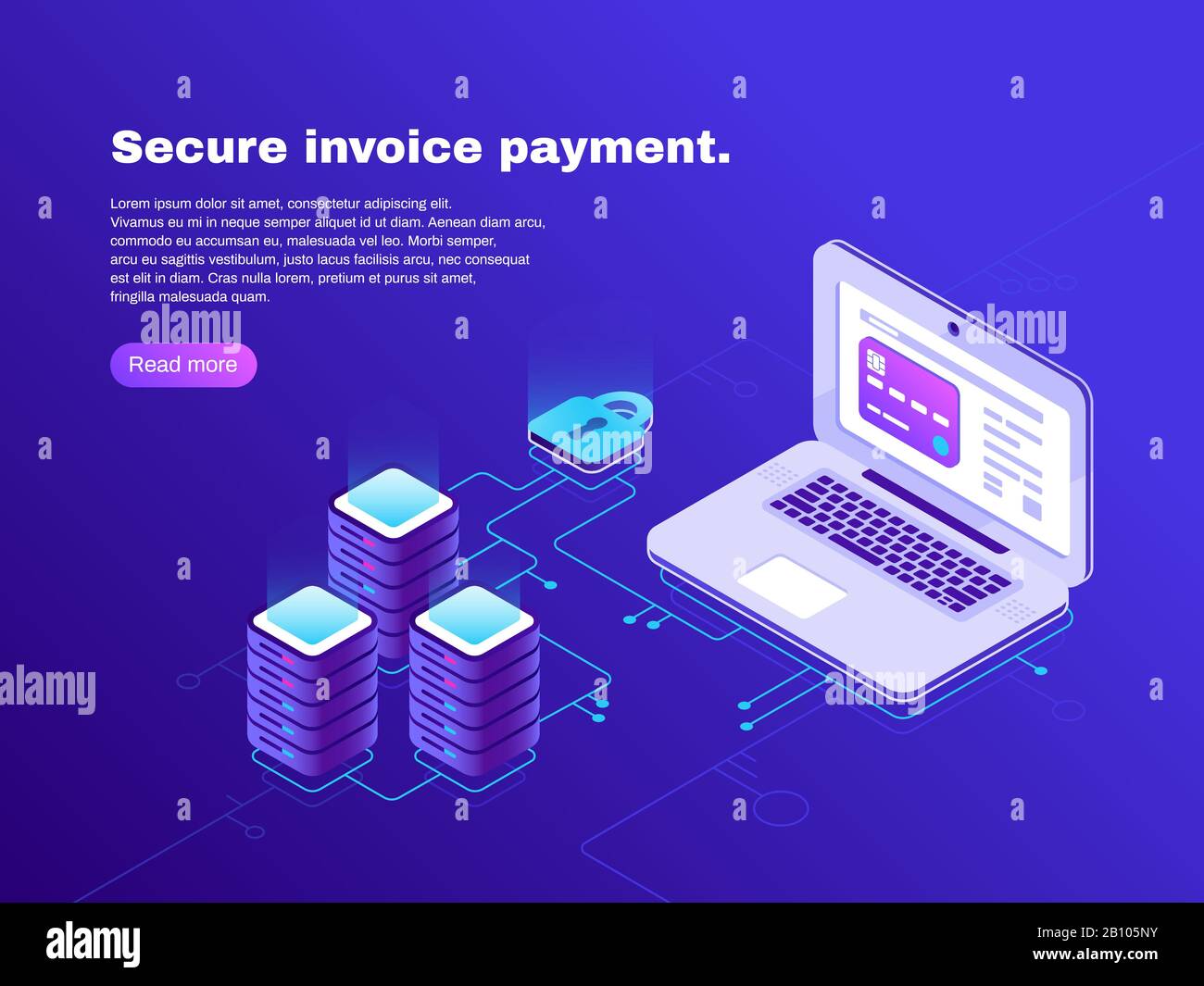 Electronic billing connection of laptop and database. Secure invoice payment. Electronics transaction bill 3d isometric vector concept Stock Vector