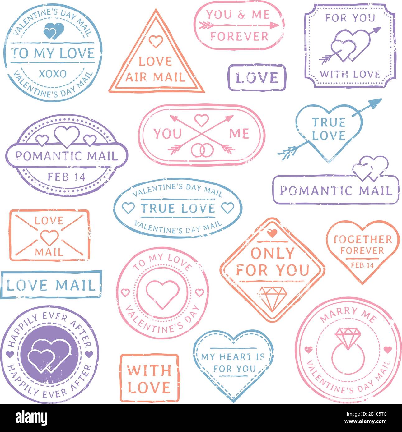 Vintage love letter postcard, Valentines Day postmarks. Stamps with