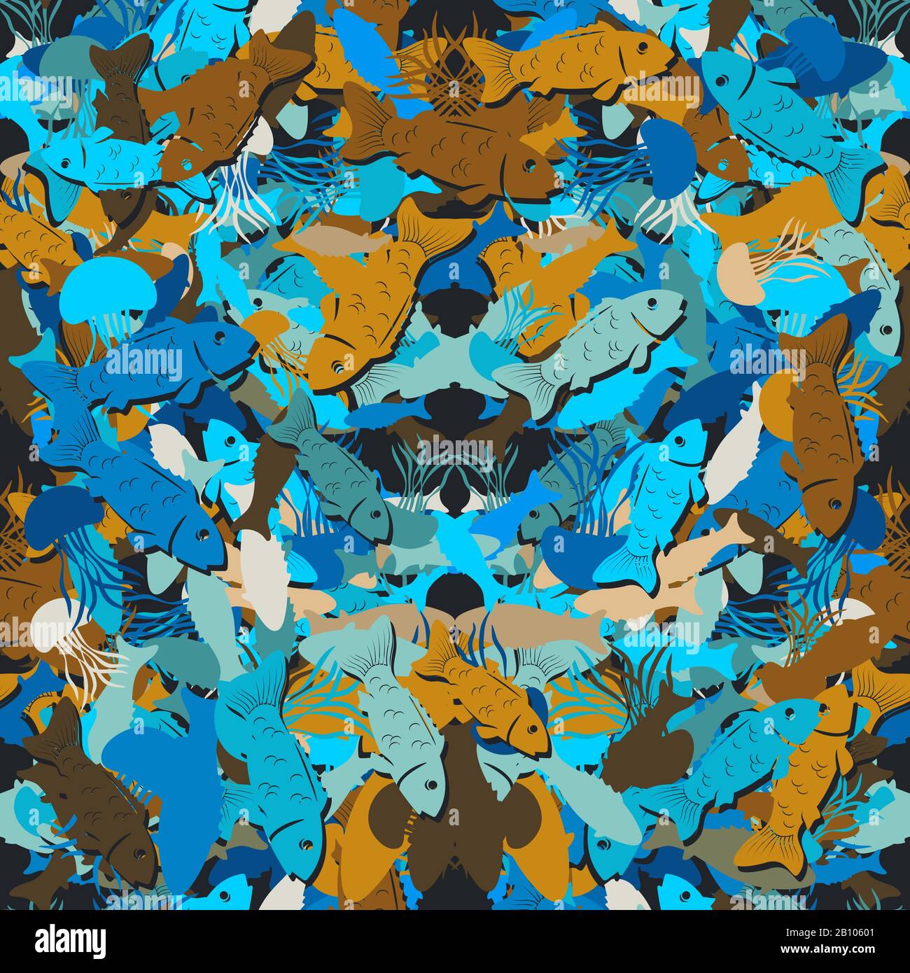 Seamless pattern of abstract jellyfish fish on a dark underwater ...