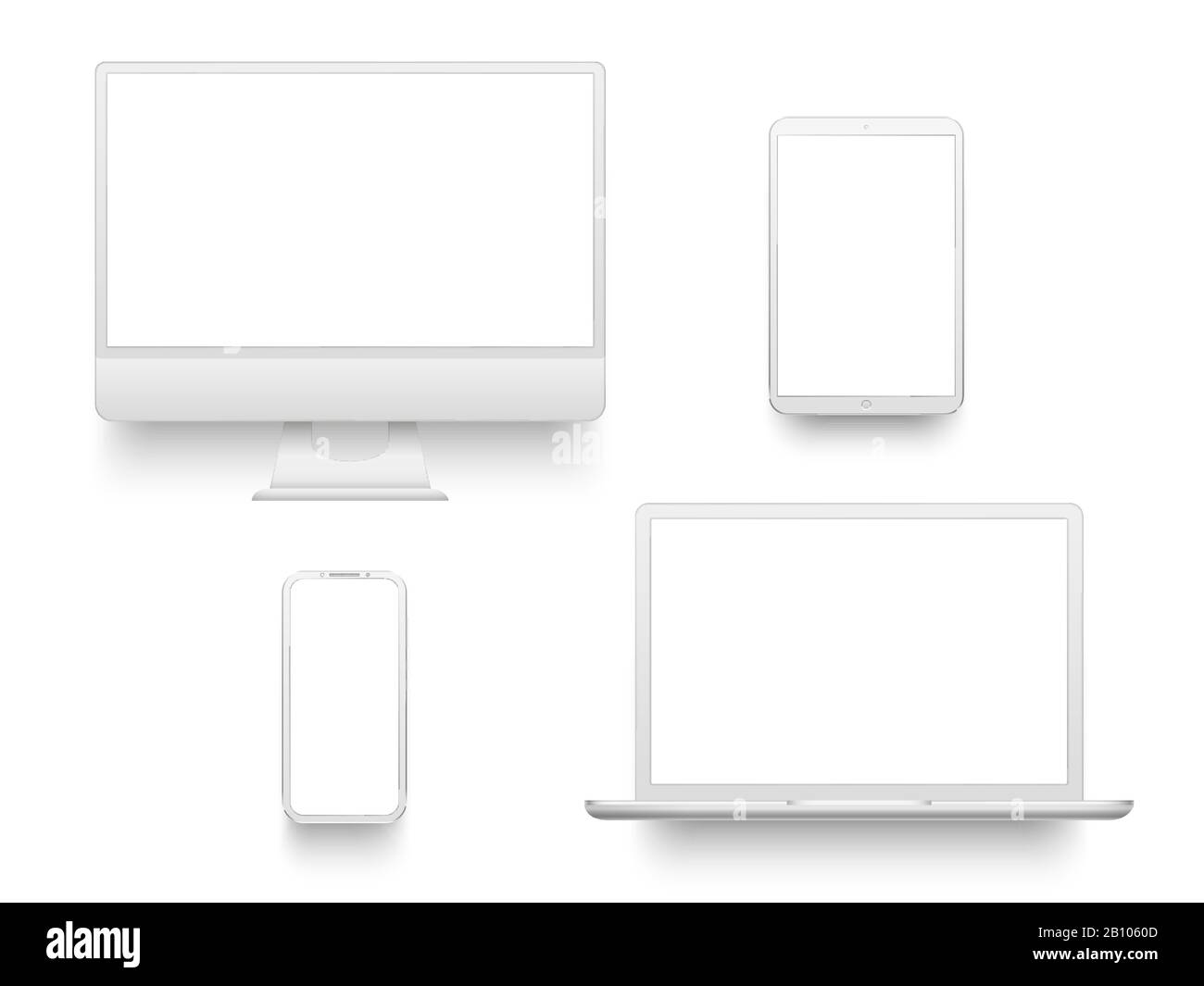 White desktop computer display screen smartphone tablet portable notebook or laptop. Mockup electronics devices vector set Stock Vector