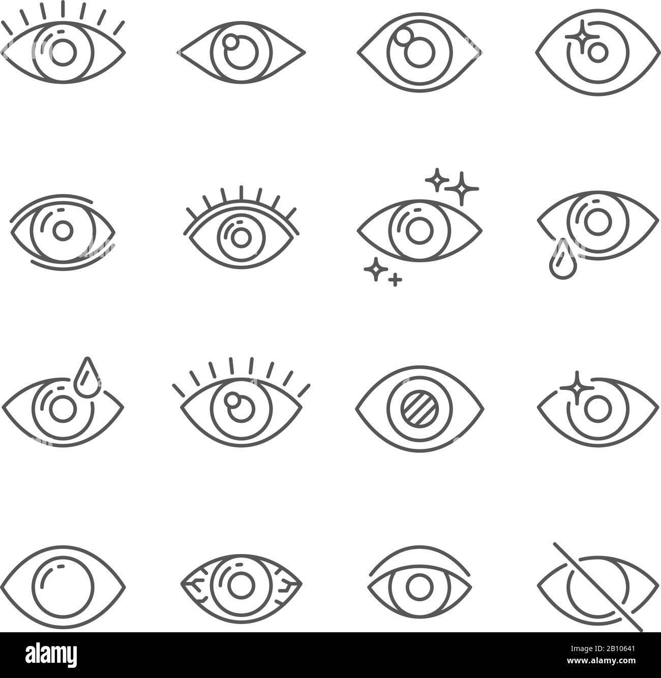 Black pictogram of eyesight or looking eye line icons. Eyeball, watch and eyes with ophthalmic lenses outline vector icon collection Stock Vector