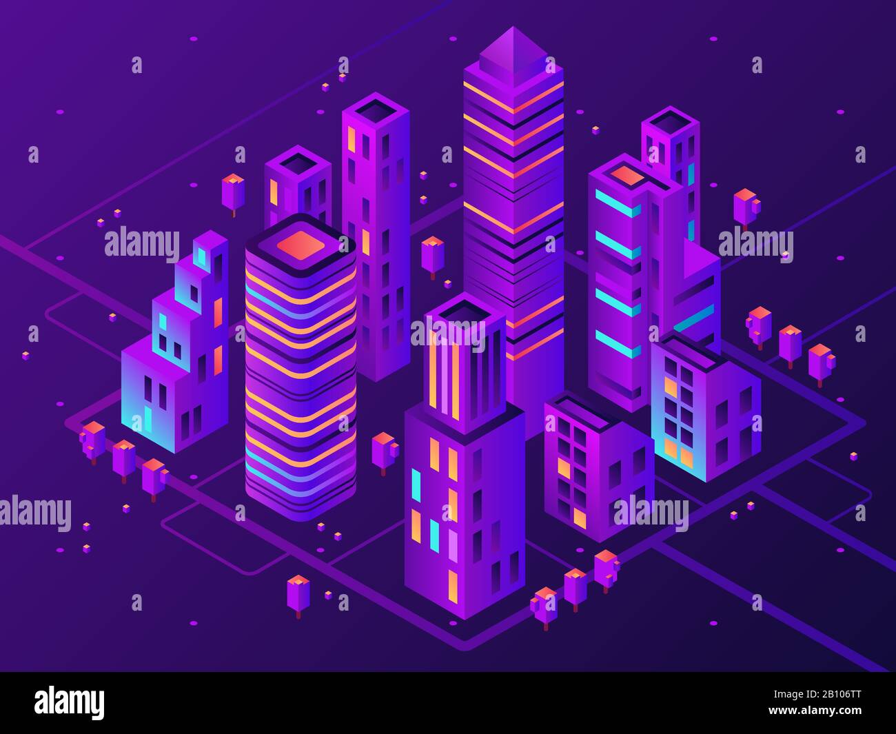 Isometric neon town. Futuristic illuminated city, future megapolis highway illumination and business district 3d vector illustration Stock Vector