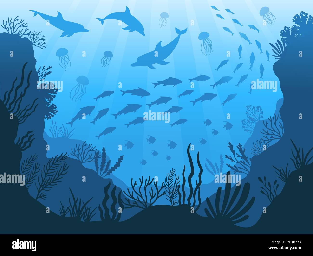 Underwater ocean fauna. Deep sea plants, fishes and animals. Marine seaweed, fish and animal silhouette vector background illustration Stock Vector