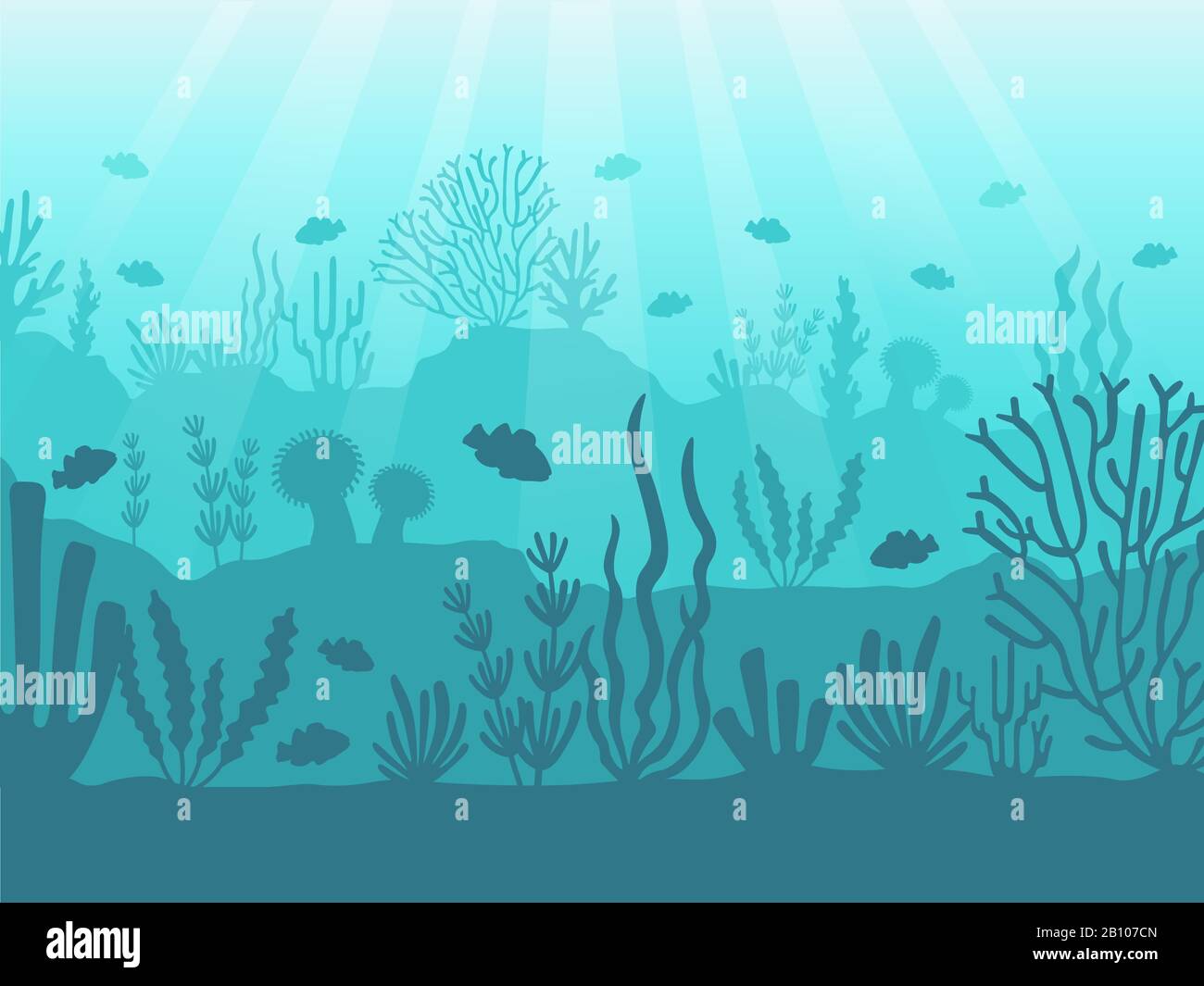 Underwater seascape. Ocean coral reef, deep sea bottom and swimming under water. Marine corals background vector illustration Stock Vector