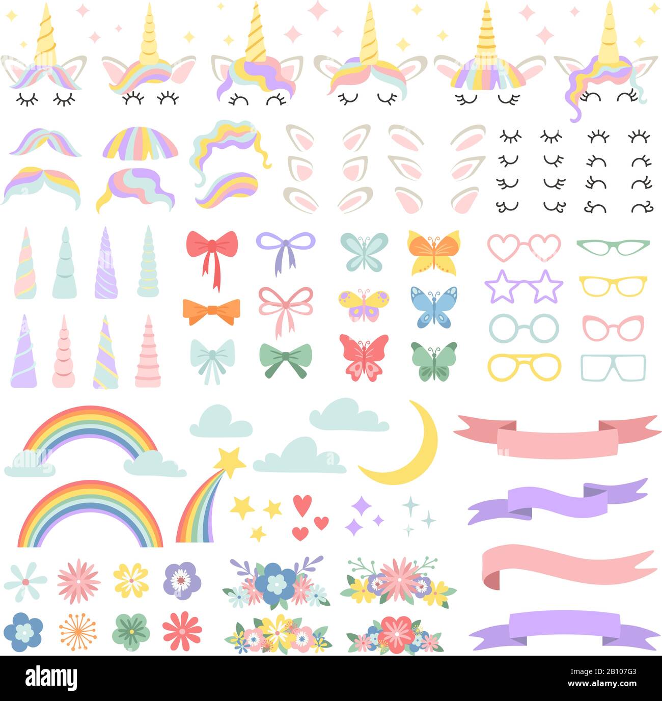 Unicorn constructor. Pony mane styling bundle, unicorns horn and party star glasses. Flowers, magic rainbow and head bows vector set Stock Vector