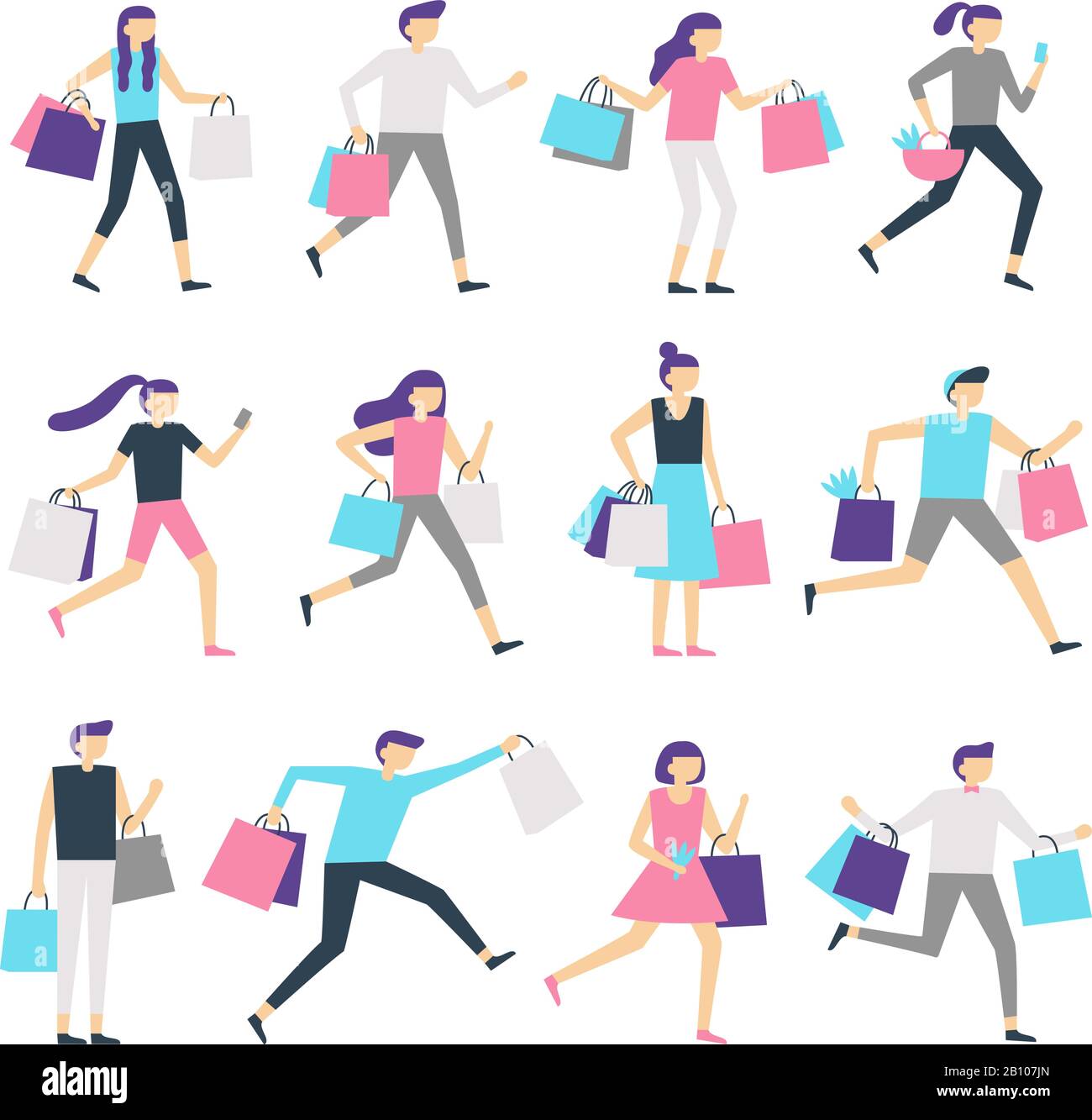 People with shopping bags. Shopaholic man and excited woman carrying bag. Happy people buy presents on sale vector characters set Stock Vector