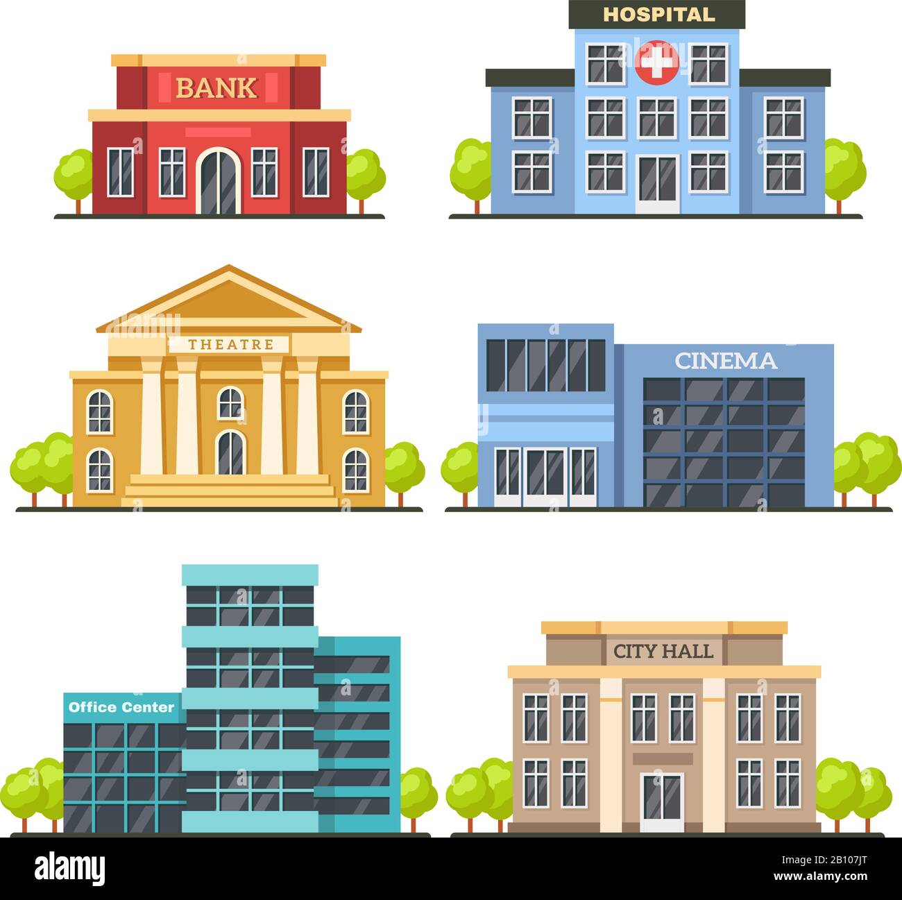 Flat city buildings. Contemporary office center, hospital facade and city hall building. Modern theater and cinema vector illustration Stock Vector