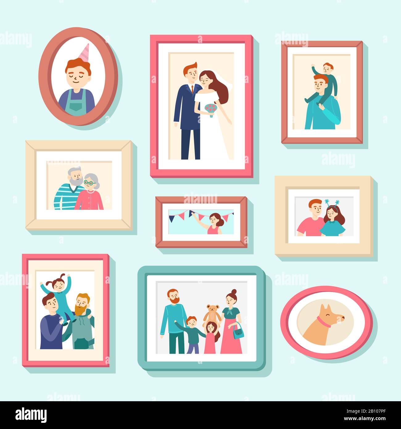 Family members portraits. Wedding photo in frame, couple portrait