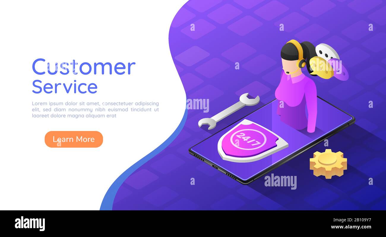 3d isometric web banner female customer service operator on smartphone. Customer Service and support assistance concept Stock Vector