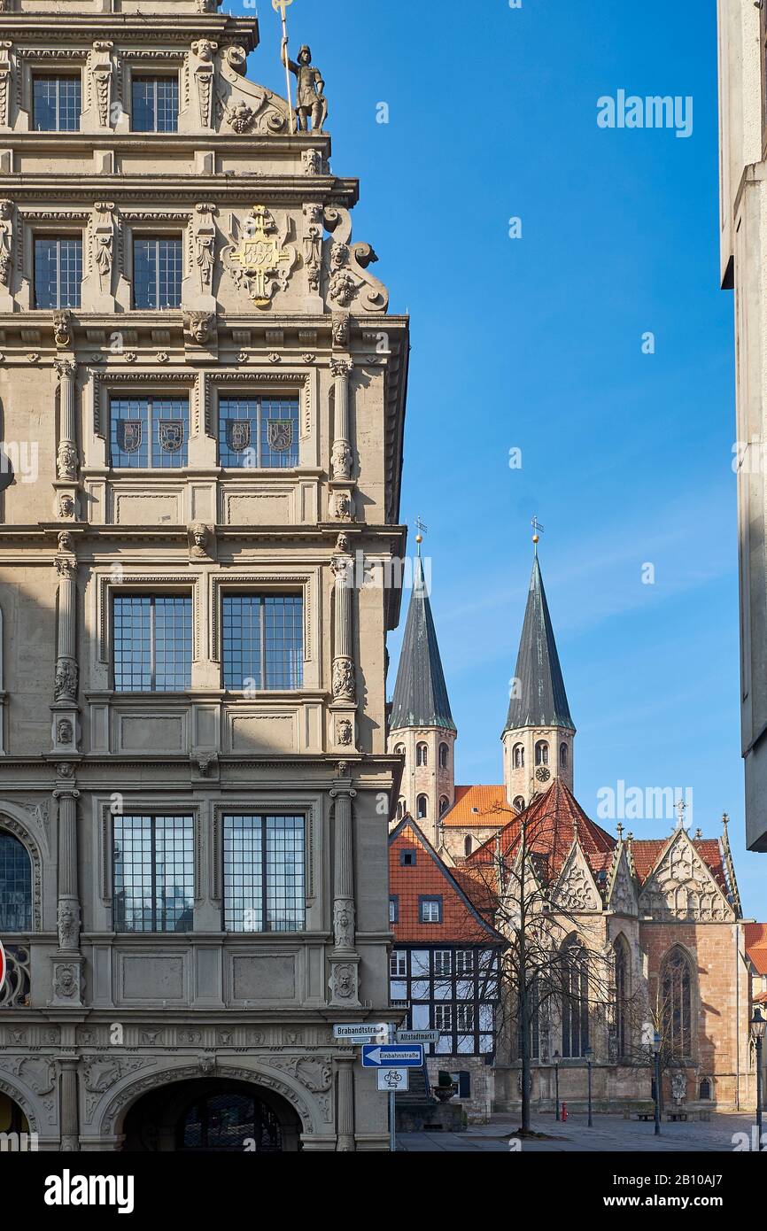 Gable of the Gewandhaus and St. Martinikirche in Braunschweig, Lower Saxony, Germany Stock Photo