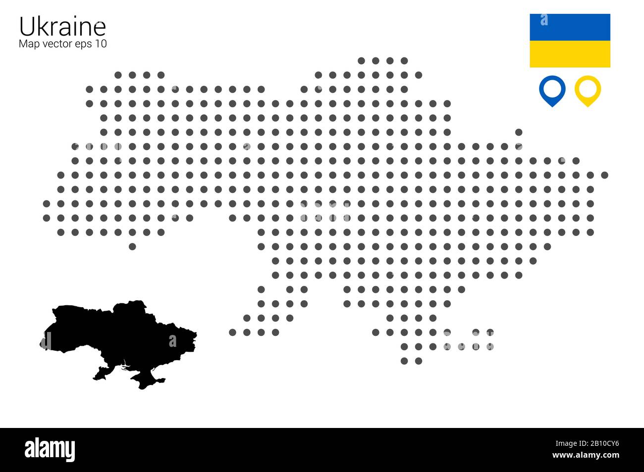 Map of Ukraine, vector drawing, dotted with flag and map marker. Illustration for design, web, infografrica, print, isolated on a removable white back Stock Vector