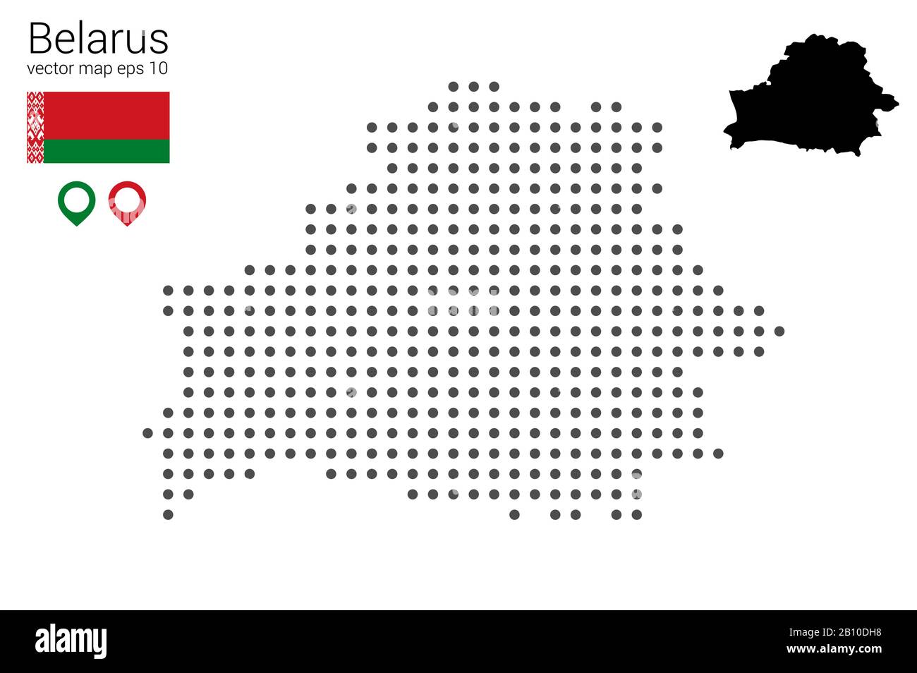 Map of Belarus, vector drawing, dotted with flag and map marker. Illustration for design, web, infografrica, print, isolated on a removable white back Stock Vector