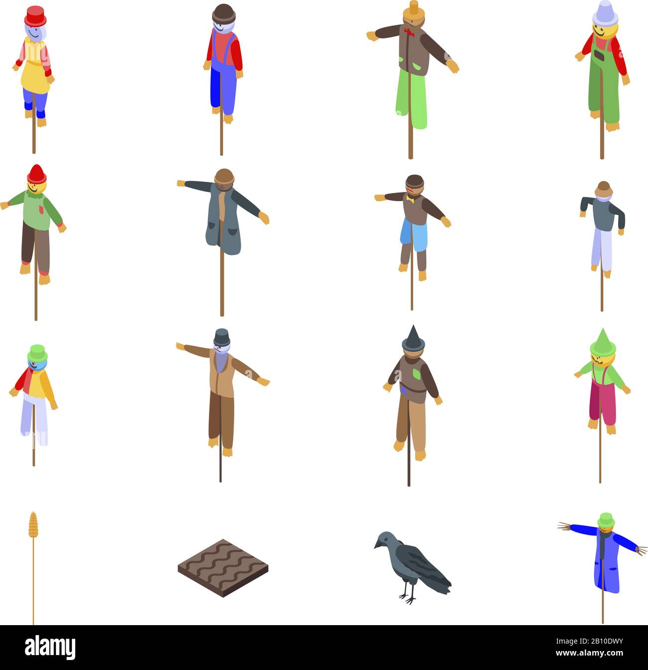 Scarecrow icons set, isometric style Stock Vector
