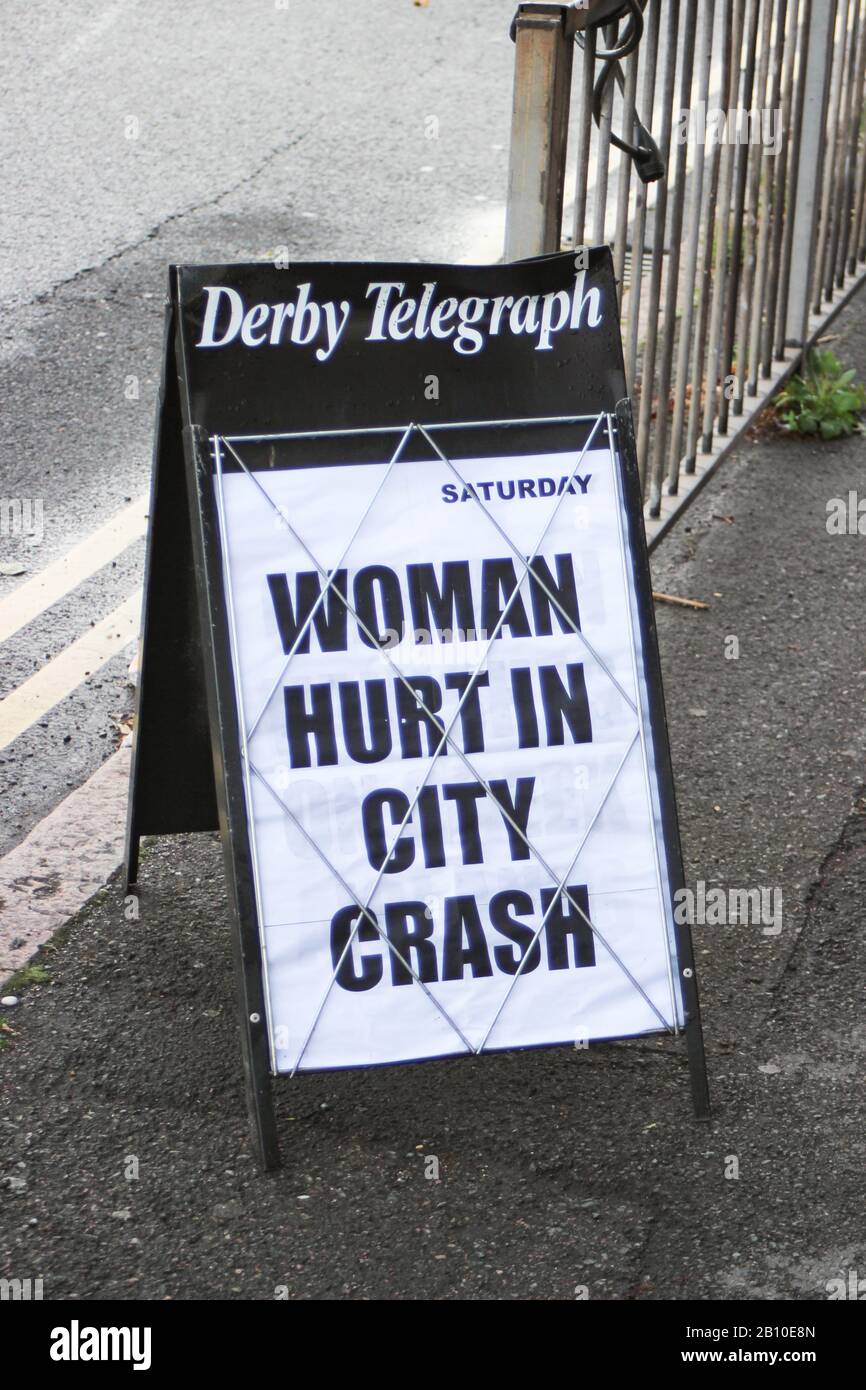 Derby Telegraph newspaper hoarding poster: Woman hurti in city crash. Derby, England, Great Britain, United Kingdom. Stock Photo